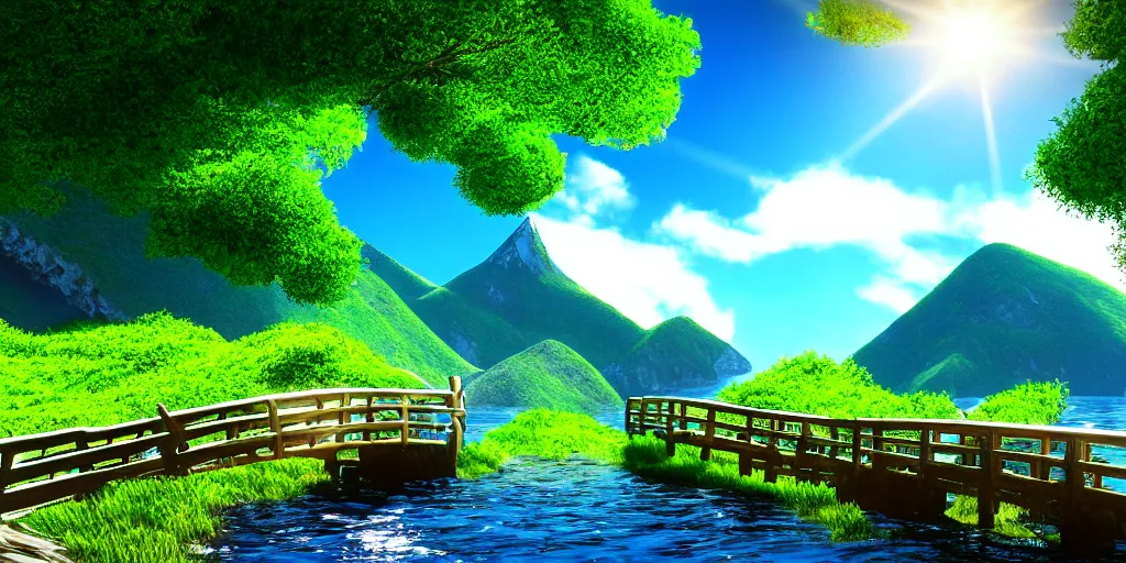 Prompt: dream, photo realism, beautiful nature, sunny day, sunshine lighting high mountains, which are higher than white fluffy clouds with green trees on top, a small wooden bridge connecting two mountains, ocean beneath the mountains with clear blue water, whales jumping and showing from the waves, cinematic, 8k, highly detailed