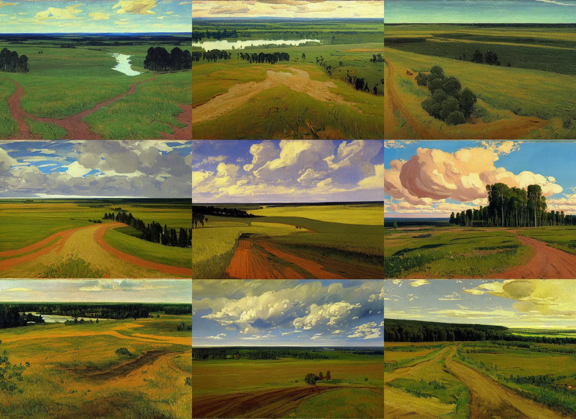 Prompt: painting of landscape, road, grass, sky, thunder clouds, sunset, forest, horizon, river, pastoral, from a bird's eye view, artwork by isaac levitan and arkhip kuindzhi and valentin serov and mikhail vrubel