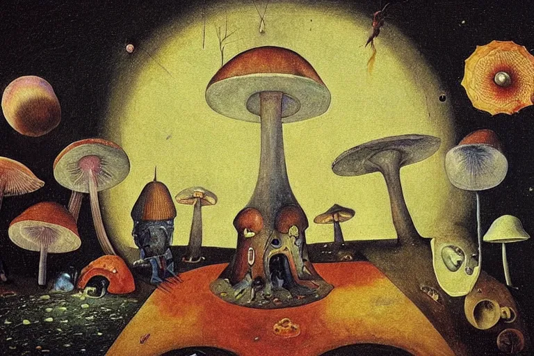 Image similar to how magic mushrooms can take us to the farthest reaches of inner space, painting by bosch