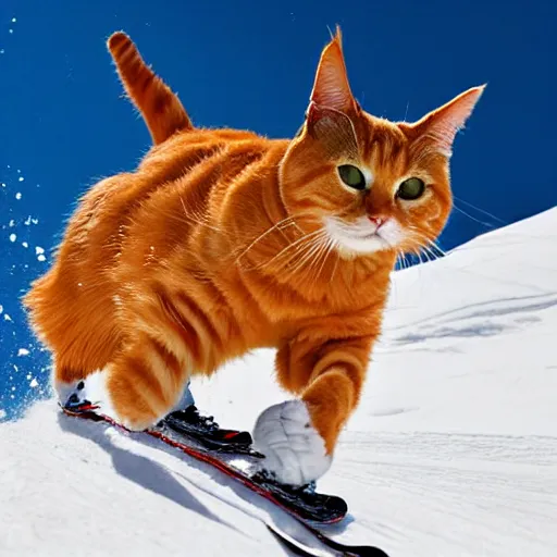 Prompt: an orange tabby cat skiing in the mountains