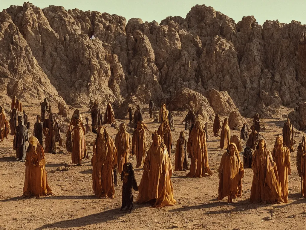 Image similar to the line of glowing bene gesserit people in full - face golden masks in a dry rocky desert landscape with ancient abandoned city beneath the sand and giant alien spaceship in smoke and fire by christopher doyle and alejandro jodorowsky, anamorphic lens, kodakchrome, cinematic composition, very detailed photo, 8 k,