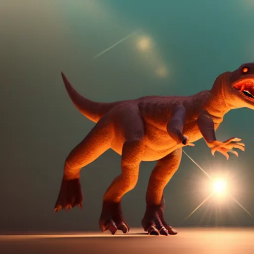 Prompt: soft lighting CGI dinosaur dancing the ballet in a tutu