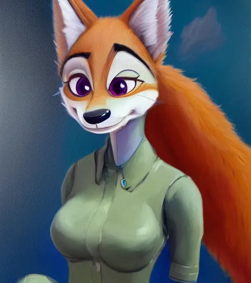 Image similar to oil painting of full body of anthromorphic female wolf, in style of zootopia, zootopia, zootopia, fursona, furry, furaffinity, 4 k, deviantart, furry art, fursona art, wearing black business suit, business suit, in style of zootopia, wolf fursona, cyberpunk, female, expressive detailed feminine face,