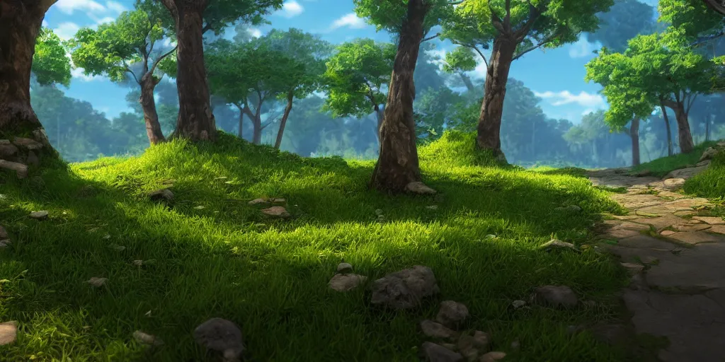 Prompt: beautiful 3 d nature environment from genshin impact, ingame rendering, cell shaded, screenshot, beautiful colors, 8 k, detailed, award winning, unreal engine 5, stylized, popular on artstation, anime style, nostalgic