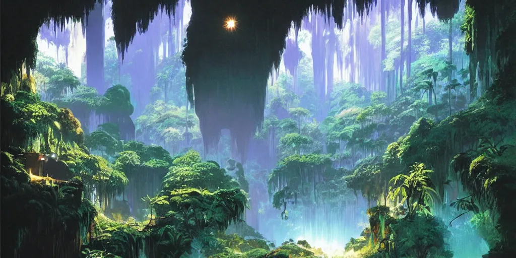 Prompt: ”mystical cavern with small shiny diamonds and lush vegetation, light coming through, volumetric lighting, beautiful, by syd mead”