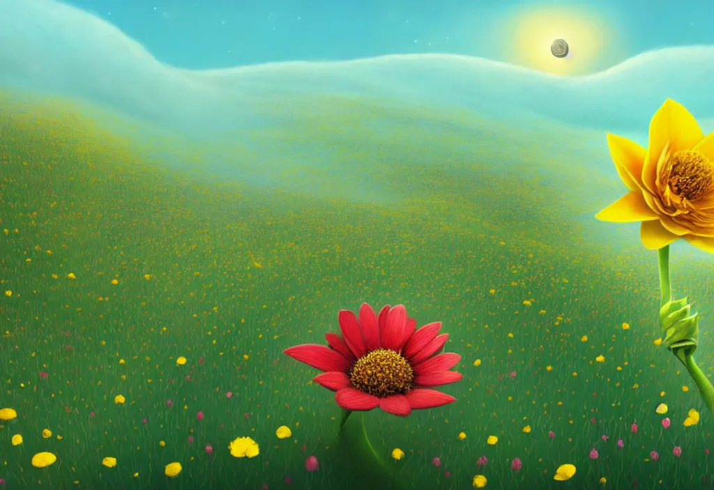 Image similar to by Gediminas Pranckevicius, Not often, but occasionally. A star is born in a flower. Nestled in a soft bed of pollen and petals it can grow in the most unlikely of places. Just waiting for a lucky creature to find it,night star sky background Galaxys, red and yellow flower, trending on artstation, WLOP