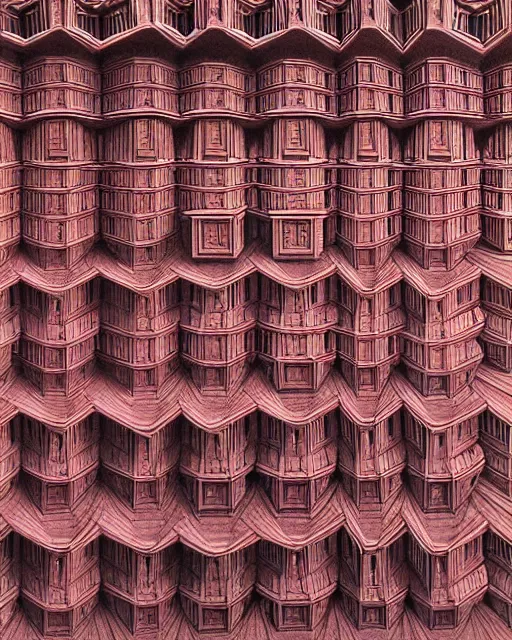 Image similar to detailed realistic architectural painting of hundreds of alien mandelbulb gates stacked like jenga made of carved out ivory shades of red by mc escher