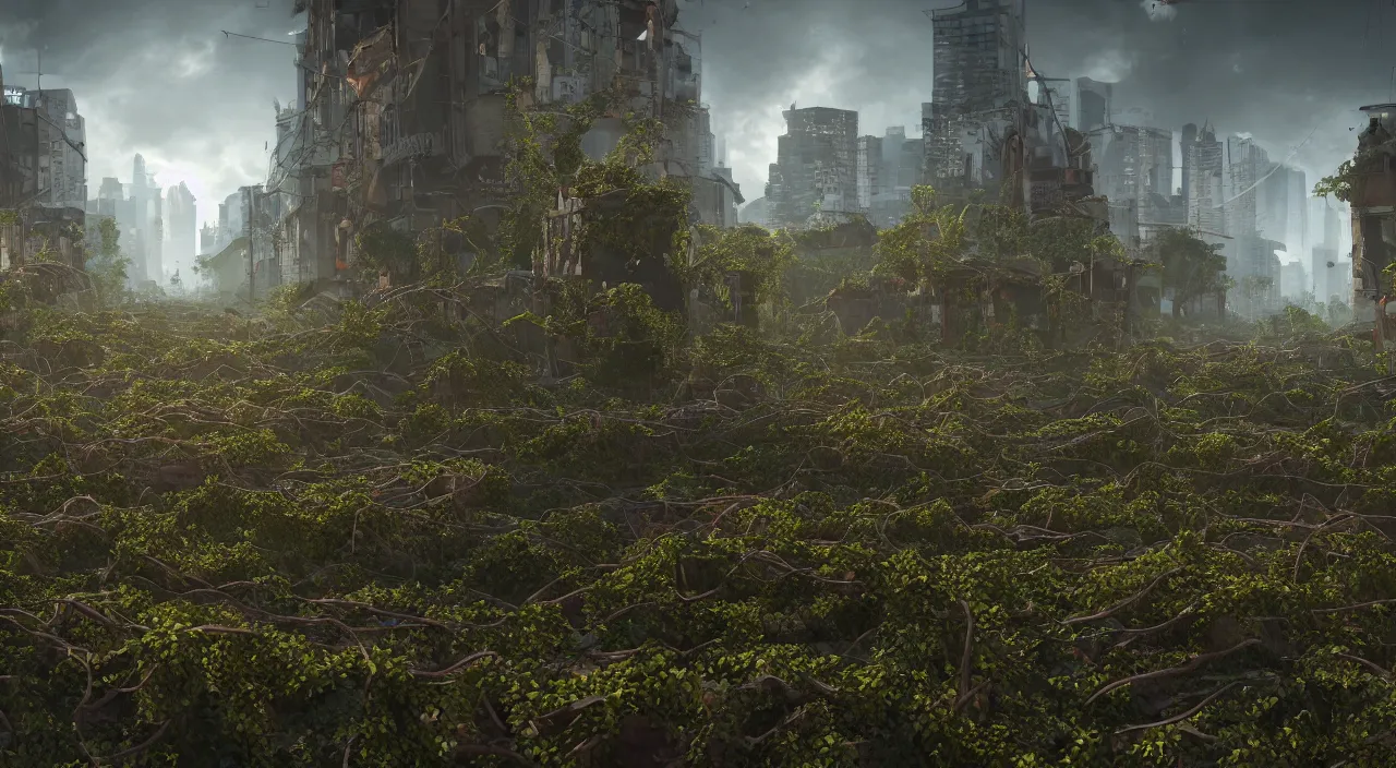 Prompt: 3D render of a city covered in vines and debris after the world has ended, dramatic lighting, vibrant colors, Trending on Artstation HQ, 4K, UHD, High quality, Unreal Engine