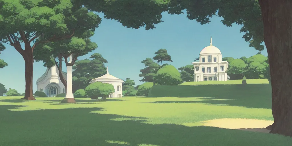 Prompt: A mysterious and godly domed white building in a city park, by Studio Ghibli and Edward Hopper