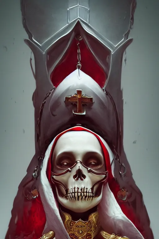 Image similar to ultra realistic illustration, 3 d render of a nun with a skull helmet red and gold accents, gothic, dark, hacknaut, fantasy, intricate, elegant, highly detailed, digital painting, artstation, concept art, smooth, sharp focus, illustration, art by artgerm and greg rutkowski and alphonse mucha