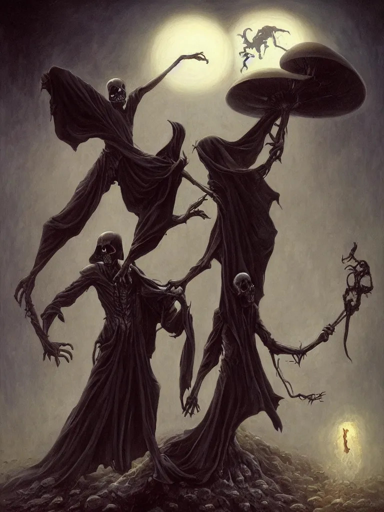 Prompt: the grim reaper pulling the soul out of a humanoid mushroom. Dark fantasy horror painting by Gerald Brom. Trending on artstation