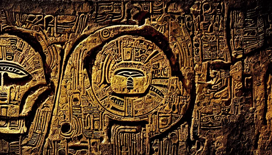 Image similar to h. r. giger hieroglyphs, hieroglyphs showing aliens and planet, sorrow intense likely, gold plate, sense of decay given, throw into the abyssal despair, various refining techniques, micro macro auto focus, top photography photo art gallery, realistic photo, insane detail