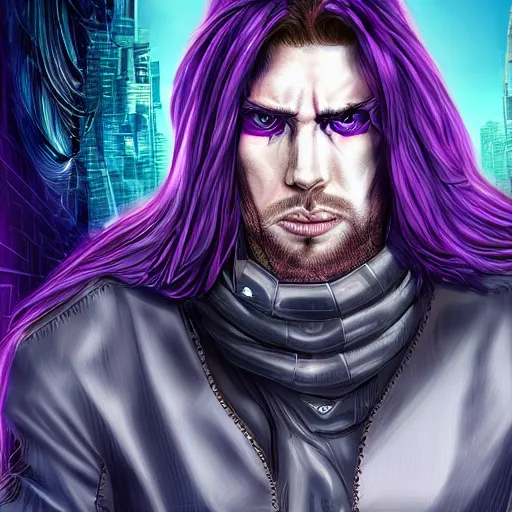 Image similar to long haired man with extremely large and intricate eye cyberpunk bionics with angry purple eyes and slim features looking askance,