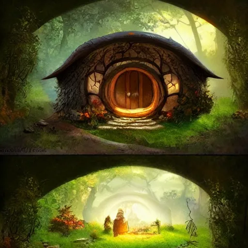 Image similar to a hobbit house with light coming out of a window, fantasy, digital art, artstation, beautiful, magical.