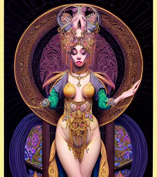 Image similar to symmetrical painting, a beautiful female sorceress in dress, pretty, detailed and intricate, perfect body shape, perfect face, hypermaximalist, elegant, ornate, luxury, elite, matte painting, cinematic lighting, james jean, brian froud, wayne barlowe,