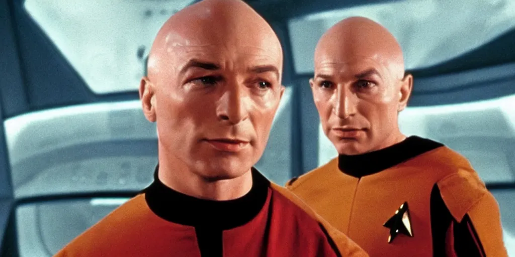 Prompt: young Jean-Luc Picard as a spaceship captain in stars without number sitting in the bridge of his spaceship, outside the front window is an enemy star fighter