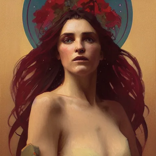 Prompt: woman by greg rutkowski and alphonse mucha