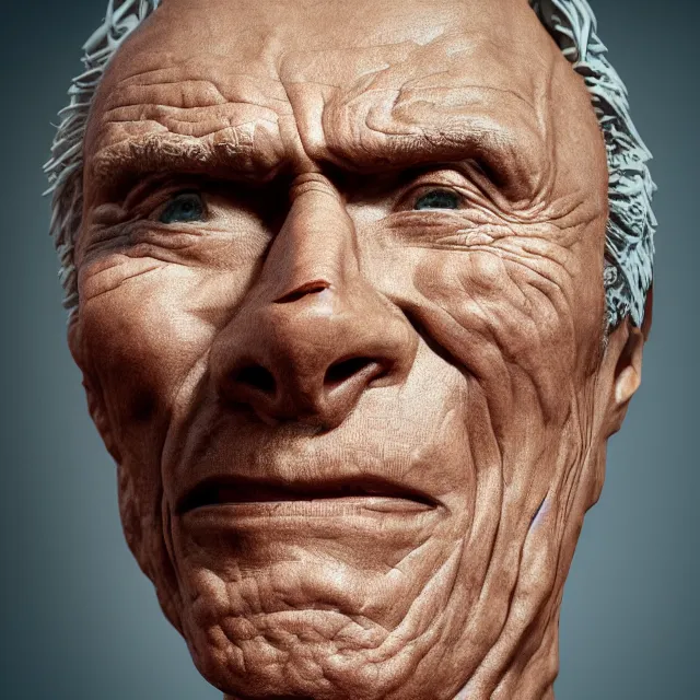 Image similar to photography of a sculpture of Clint Eastwood wrinkled face made of clay by Sebastian Kruger and Michelangelo, 50mm, studio atmosphere, 8K, rim light, octane render, ultra-realistic
