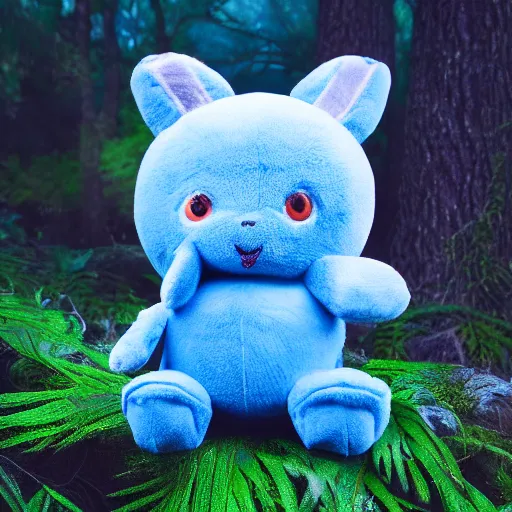 Image similar to blue'snappy gifts plush toy'in magical forest, gifts, dark atmosphere, high detail, soft lighting, 8 k