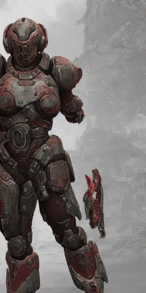 Image similar to female doom slayer extreme details epic dramatic realistic unreal engine render