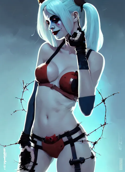 Image similar to portrait of cute harley quinn girl with crown of thorns in cyber bikini armor, warhammer, cyberpunk, by atey ghailan, by greg rutkowski, by greg tocchini, by james gilleard, by joe gb fenton, by kaethe butcher, dynamic lighting, gradient light blue, brown, blonde cream and white color in scheme, grunge aesthetic