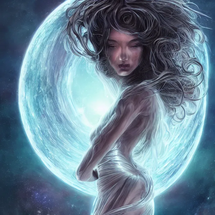 Prompt: gorgeous celestial woman with long hair wrapping downward around planet seen for space, hyper-detailed, smooth, sharp focus, depth map, digital painting, apocalyptic art, fantasy dark art, 4k ultra hd, cinematic