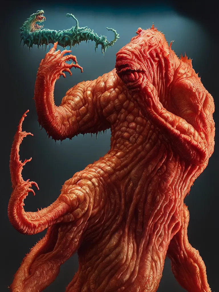 Image similar to hyperrealistic rendering, fat smooth cronenberg flesh monster final fantasy behemoth by donato giancola and greg rutkowski and wayne barlow and zdzisław beksinski, eyeballs, product photography, action figure, sofubi, studio lighting, colored gels, colored background