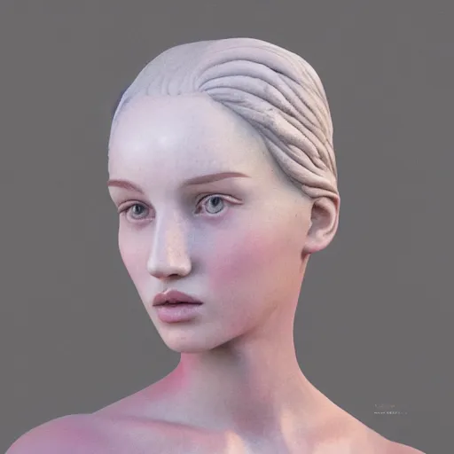 Prompt: a young beautiful woman made from marble, face in the style of constantin brancusi, wes anderson background, casual modern clothing, artgem, portrait, boris valejo, kawaii hairstyle, pastel colors, colorful, octane render, digital painting, details, unreal engine, museum piece, dynamic light,