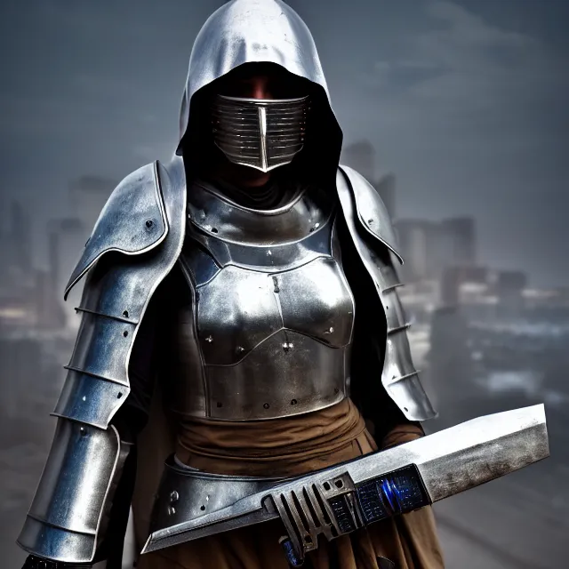 Image similar to cyberpunk armoured nun warrior with holy weapons, highly detailed, 8 k, hdr, smooth, sharp focus, high resolution, award - winning photo