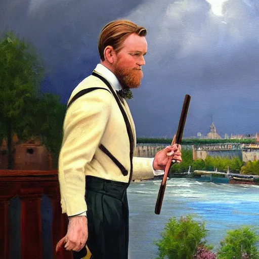 Image similar to mcgregor is dressed as a gentleman at early 2 0 th century paris. he is watching an easel. that easel has a canvas on it. ewan mcgregor has a brush on his hand. he is painting a painting. there is a small brown cat with yellow eyes on ewan mcgregors feet. on background has river seine, morning sun, dark clouds, lightning, dc comics