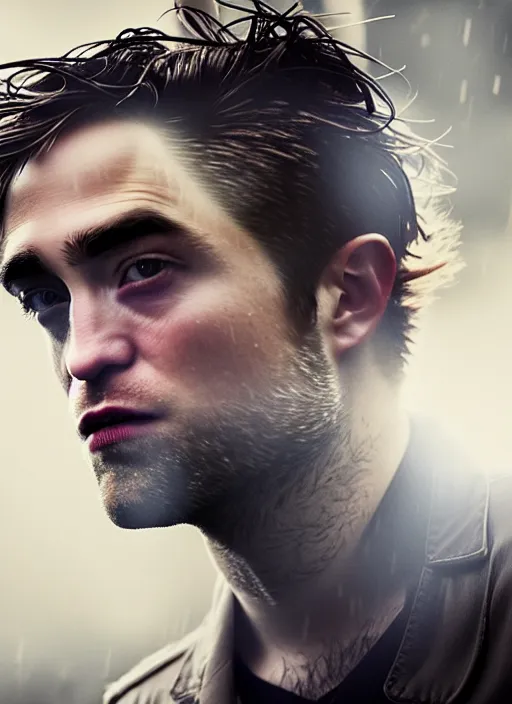 Image similar to robert pattinson in real life, face centered portrait of robert pattinson, confident, fog, rain, volumetric lighting, beautiful, golden hour, sharp focus, ultra detailed, cgsociety by leesha hannigan, ross tran, thierry doizon, kai carpenter, ignacio fernandez rios, noir art house, 4 k, 3 5 mm, fujifilm