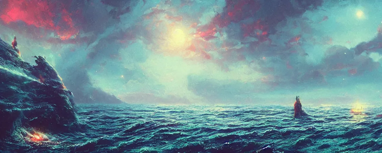 Prompt: ” still ocean, [ art by paul lehr, cinematic, detailed, epic, widescreen, opening, establishing, mattepainting, photorealistic, realistic textures, octane render ] ”