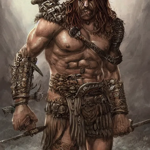 Prompt: Barbarian Warrior , body covered in war tattoos and wicca runes , D&D, fantasy, highly detailed, digital art, trending on artstation, smooth, sharp focus, illustration, art by mike hoffman