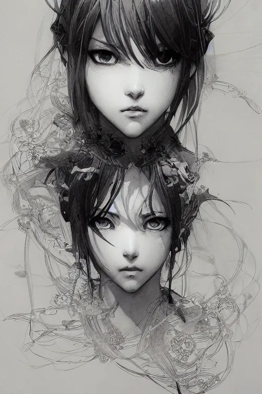 Prompt: portrait of an anime girl, pen and ink, intricate line drawings, by craig mullins, ruan jia, kentaro miura, greg rutkowski