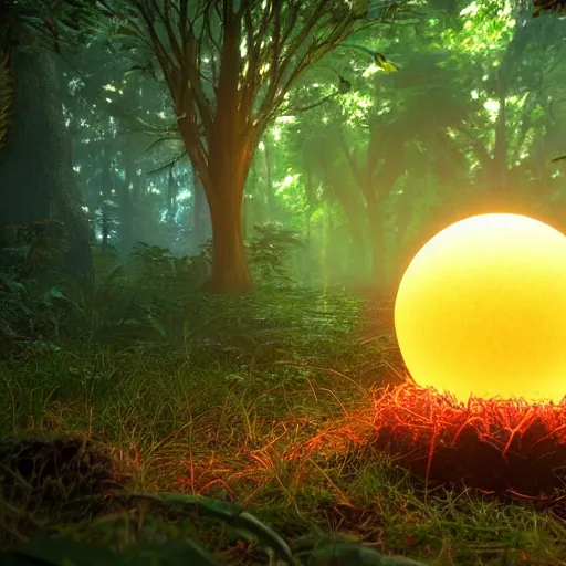 Image similar to : glowing orb, bioluminescent plant in a forest, wallpaper, artstation,cg society 8k render