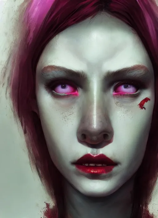 Image similar to portrait of sinister girl with pouty aerochrome lips, skeksis, unforgiving, bandaid on nose, expressive eyes, full body, translucent skin, greg rutkowski, charlie bowater, yuumei, stephen gammell, unreal 5, daz, hyperrealistic, octane render, rpg portrait, dynamic lighting, fantasy art, beautiful face