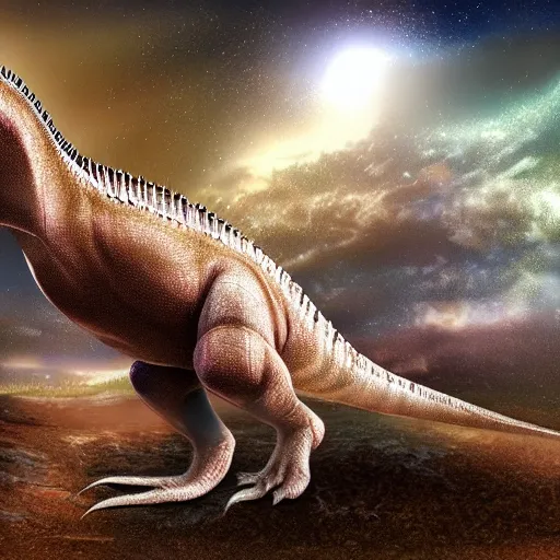 Image similar to a hyper realistic digital painting of a dinosaur in an space