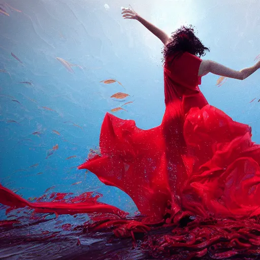 Image similar to woman dancing underwater wearing a flowing red dress made of seaweed, swirling smoke and thousands of silver fish in the background, octane render, caustics lighting from sunlight above, cinematic