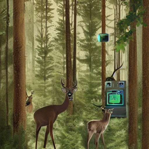 Image similar to a cybernetic ecology. joined back to nature, all watched over by machines of loving grace. a cybernetic forest filled with pines and electronics where deer stroll peacefully past computers as if they were flowers with spinning blossom