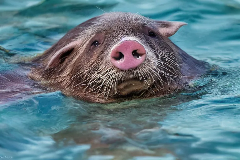 Image similar to a pig sea otter!!! hybrid! hyper realistic!! realistic lighting!! wildlife photographer of the year!!! bold natural colors, national geographic, hd, wide angle, 8 k