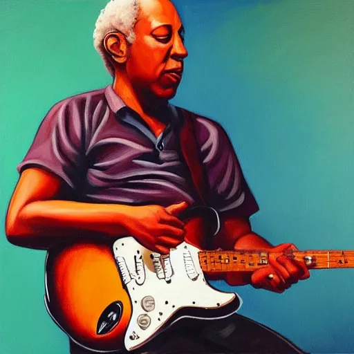 Image similar to “Young Mark Knopfler playing guitar with Buddy Guy, oil painting, 4k”