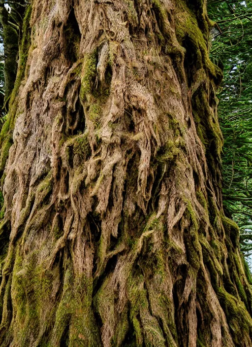 Image similar to photograph of hyperrealistic hyperdetailed ancient tree morphing into a beautiful kind face covered with bark and moss, in a dark mysterious forest at sunset