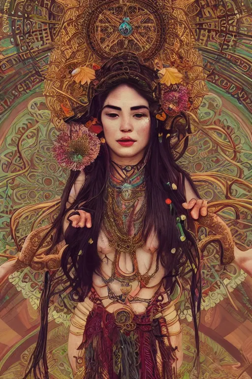 Image similar to an immaculate render of a dancing tribal goddess adorned with leaves and cables and bird wings, dancing in a temple surrounded by wild tentacles made from mandalas and incense smoke, full body, perfect face, powerful, cinematic, beautifully lit, by artgerm, by alphonse mucha, by android jones, 3 d, trending on artstation, octane render, 8 k