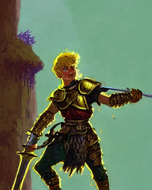 Image similar to beverly toegold the fifth, epic level dnd male halfling verdant paladin of the ancients and green teen, wielding a golden holy sword, wearing magical gleaming chainmail armor. full character concept art, realistic, high detail digital gouache painting by angus mcbride and michael whelan and jeffrey jones