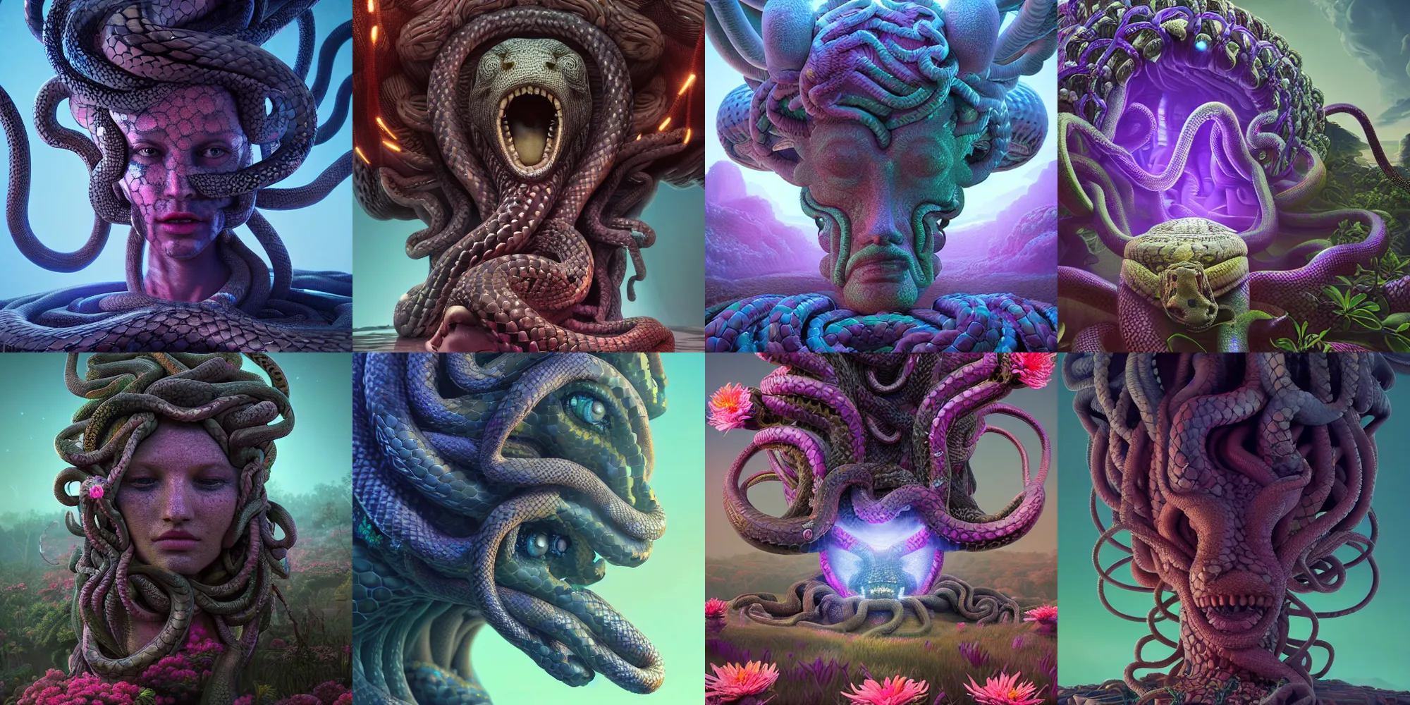 Prompt: medusa gorgon gaze head, highly detailed snakes, beautiful flowers, beautiful dark landscape, in the style of beeple and mike winkelmann, intricate, epic lighting, cinematic composition, hyper realistic, 8 k resolution, unreal engine 5, raytracing, ultraviolet colors,