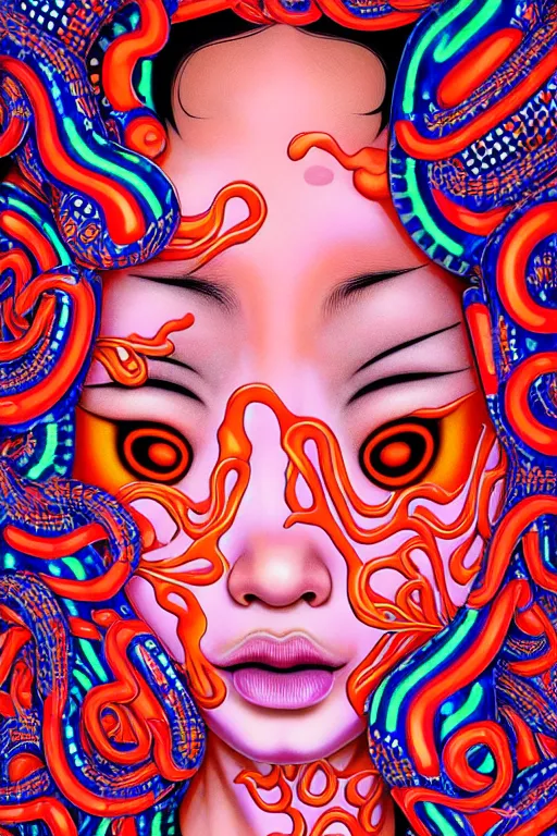 Image similar to realistic detailed image of a geisha laying down in a padded room, conjuring psychedelic background, part by yayoi kusama, part by alex gray, part by ross tran, part by james jean, ultra realistic, highly detailed, life like face, detailed body, 8 k, trending on artstation, very cohesive, masterpiece