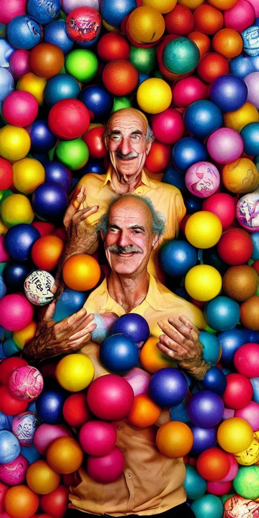 Prompt: award winning photo of albert hoffman playing with BALLS, vivid colors, happy, symmetrical face, beautiful eyes, studio lighting, wide shot art by Sally Mann & Arnold Newman