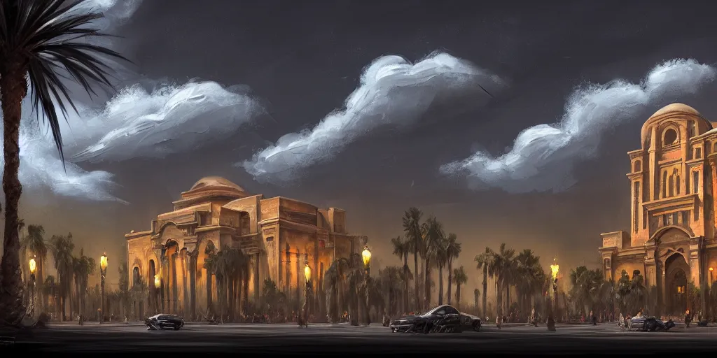 Prompt: a beautiful dark concept painting in the style of eddie mendoza with a landscape of the khedival opera house in talaat harb square cairo with beautiful dramatic clouds, dappled lighting, lush landscaping, date palm trees, shrubs and flowers. ghibli, hasselblad photograph, trending on artstation