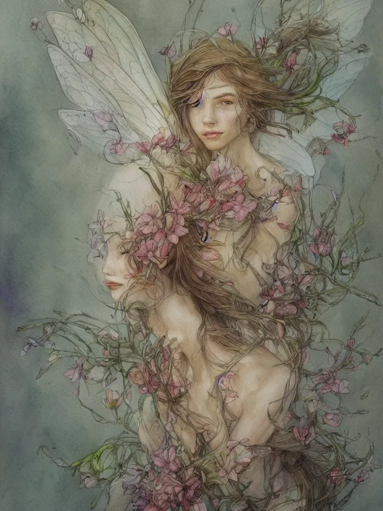 Image similar to study of a flower fairy, illustration, watercolor, alan lee, detailed, pretty, ethereal, realistic, artstation