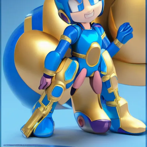 Image similar to mega man's kid sister. highly detailed 3 d render, anime, no helmet, long blue hair on her head, gold armor by john romita jr and david finch